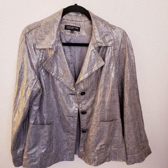 Vintage Jones New York Silver Metallic Plaid Linen Blend Jacket Size 8 GUC - Picture 2 of 11